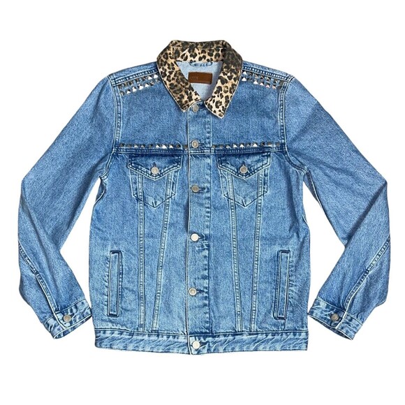 ASOS Mens S Button Up Denim L/S Jacket Leopard Print Collar Studded in Blue Wash